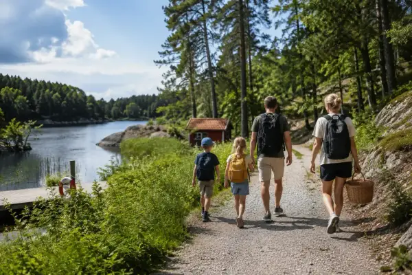 Familj vandrar längs en sjö, ett perfekt utflyktsmål i Stockholm. Barnen bär ryggsäckar, mamman en korg.