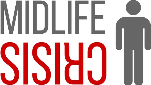 Midlife crisis man: hoe lang duurt het? Grijze tekst "MIDLIFE" en rode tekst "CRISIS" met een grijze man-icoon.
