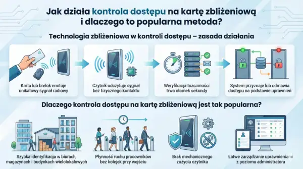 Ilustracja pokazuje, jak działają metody dostępu do sieci oparte na kartach zbliżeniowych: od emisji sygnału, przez weryfikację, po przyznanie dostępu.