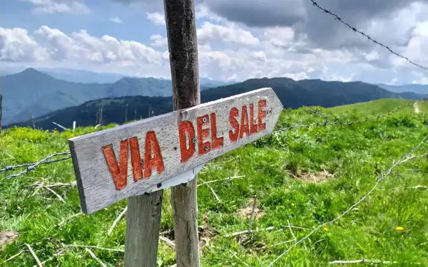 Cartello in legno indica il **via del sale cammino**. Panorami montani verdi e cielo azzurro con nuvole bianche.