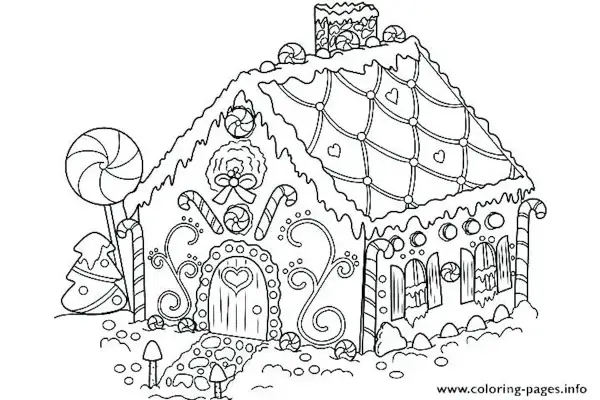 Casa de jengibre decorada con dulces, bastones de caramelo y un árbol de Navidad. Dibujos de Navidad para colorear.