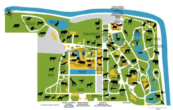 Mapa największego zoo w Polsce z zaznaczonymi wybiegami zwierząt, od lwów po pandy.