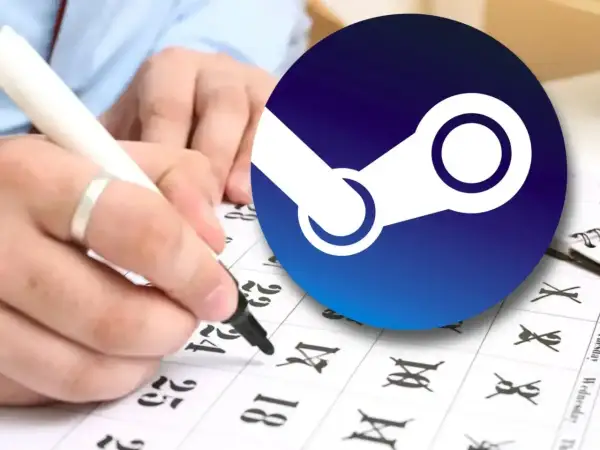 Ręka zaznacza datę na kalendarzu, symbolizując oczekiwanie na **Steam przeceny**.
