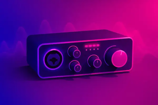 Interfejs audio z różnymi rodzajami złącz, pokrętłami i wskaźnikami LED. Tło z falami dźwiękowymi.
