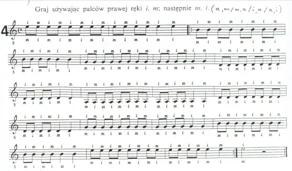 Nuty na gitarze z oznaczeniami palców prawej ręki (i, m). Ćwiczenie palcowania.