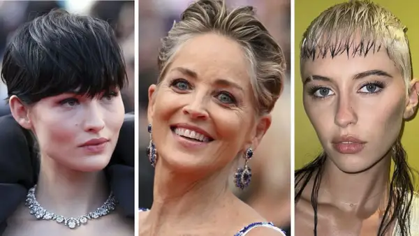 Tre donne con capelli corti, un look che ricorda gli anni '80, sfoggiano acconciature audaci e moderne.
