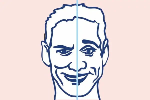 Ilustracja twarzy podzielonej na dwie części, z różnymi wyrazami.