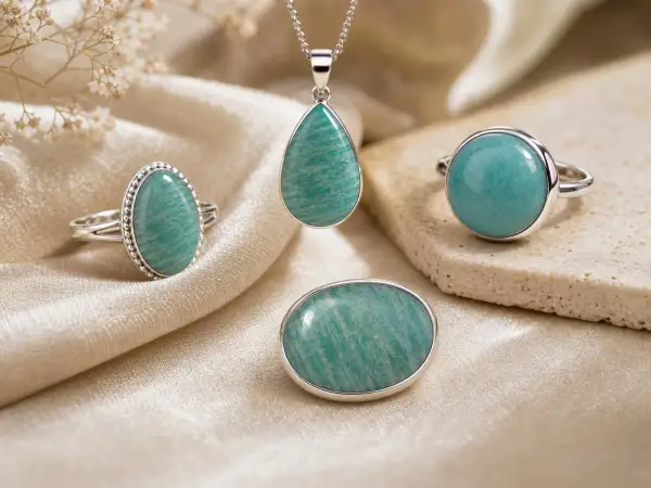 Joyas con amazonita, piedra conocida por sus propiedades calmantes y de equilibrio. Anillos y colgante con gemas verde azulado.