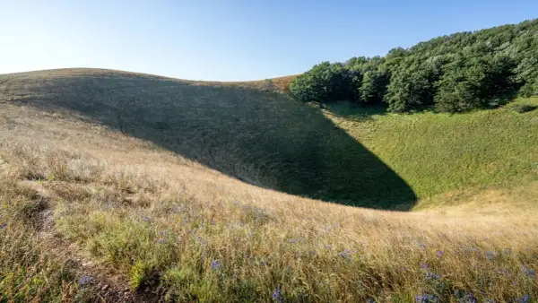 Sentiero sul Monte Subasio, tra erba dorata e un'ombra profonda che invita a scoprire cosa vedere in questo paesaggio naturale.