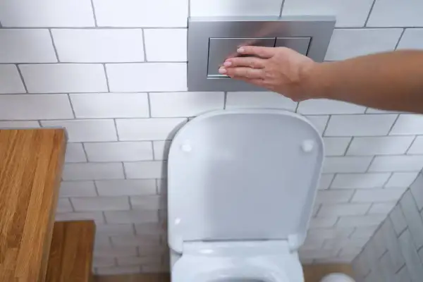 Mano presionando el botón de descarga de los tipos de cisternas wc empotradas.