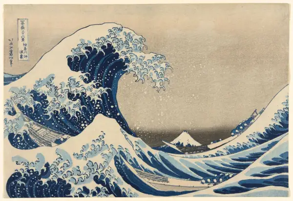 A powerful wave crashes in this iconic piece of modern Japanese art, with boats struggling against the spray and Mount Fuji in the distance.