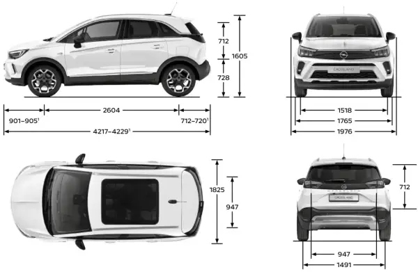 Opel Crossland wymiary: długość 4217-4229 mm, szerokość 1765 mm, wysokość 1605 mm. Widok z boku, przodu, tyłu i góry.