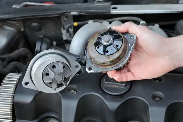 Main d'un mécanicien tenant une pompe à eau usagée, suspectée de causer une fuite de liquide de refroidissement. Une nouvelle pompe est visible à côté.