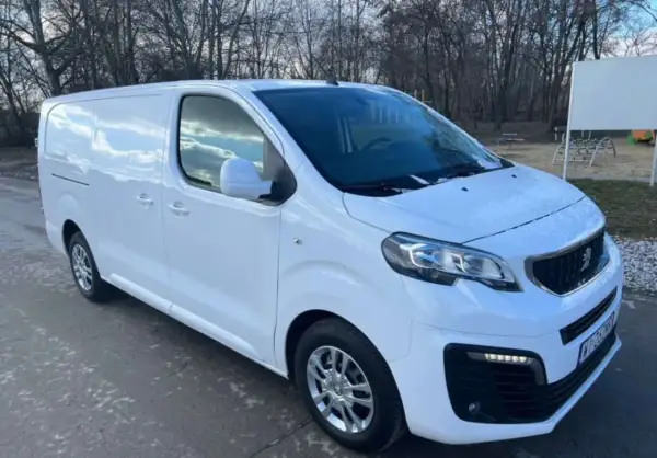 Biały Peugeot Expert 2.0 HDI gotowy do pracy. W tle drzewa i plac zabaw.