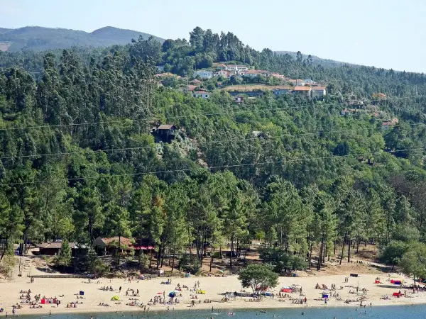 Playa con gente disfrutando del sol y el agua, rodeada de pinos y casas en la ladera. Para saber gondomar como llegar, busca esta idílica estampa.