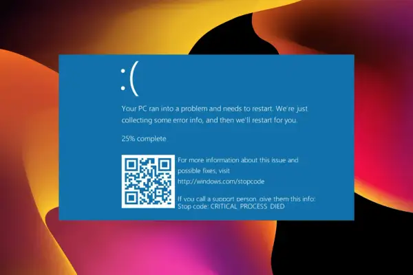 Niebieski ekran śmierci Windows z komunikatem CRITICAL_PROCESS_DIED. Komputer napotkał problem i musi zostać zrestartowany.