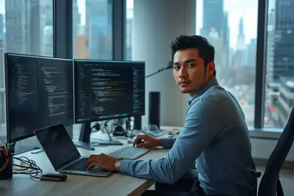 Un développeur concentré sur son écran, tapant du code Python. La ville s'étend derrière lui.
