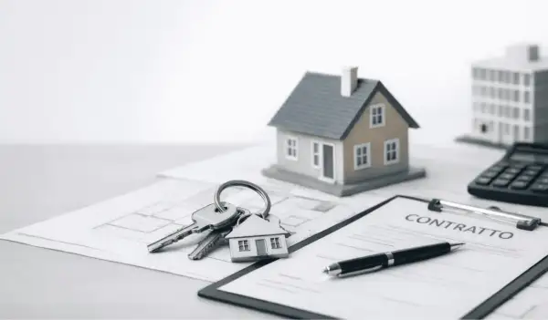 Chiavi con portachiavi a forma di casa, contratto, calcolatrice e modelli di edifici. Potrebbe essere una **monitoria di sgombero** o un accordo immobiliare.
