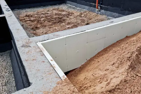Budowa domu w toku. Betonowe stopy fundamentowe otaczają wykop, w którym widać izolację ze styropianu i piasek.
