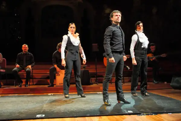 Artistas de flamenco en escena, con un guitarrista y percusionista. El jaleo significado de esta expresión artística es la pasión y el arte.