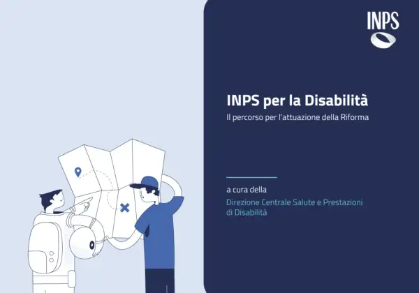 Illustrazione di due persone che studiano una mappa, con il logo INPS e il titolo "INPS per la Disabilità: Il percorso per l'attuazione della Riforma". La **legge delega disabilità** è al centro.