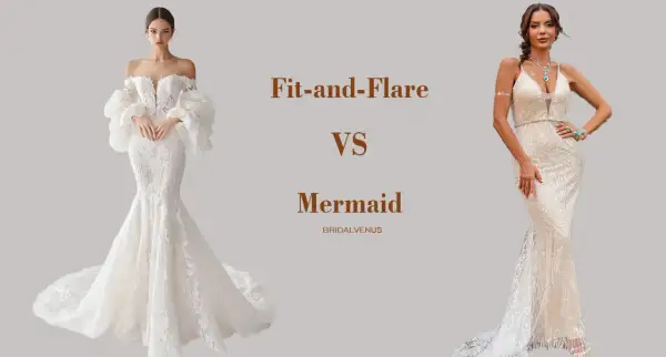 Vergleich: Fit-and-Flare vs. Meerjungfrau-Schnitt. Zwei Brautkleider zeigen den Unterschied im Schnitt.
