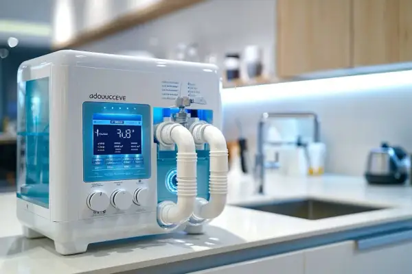 Appareil moderne pour récupérer l'eau de régénération de l'adoucisseur, avec écran digital et tuyaux blancs.