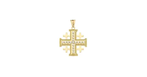 Colgante de cruz de Jerusalén en oro amarillo, con detalles de circonitas brillantes.