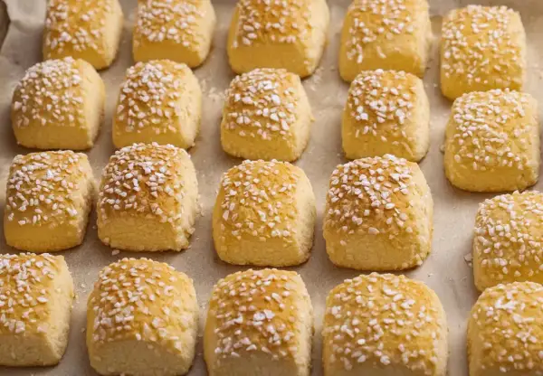 En hel bricka med gyllene, gammaldags mandelkubb, toppade med pärlsocker. Perfekta för fikat!