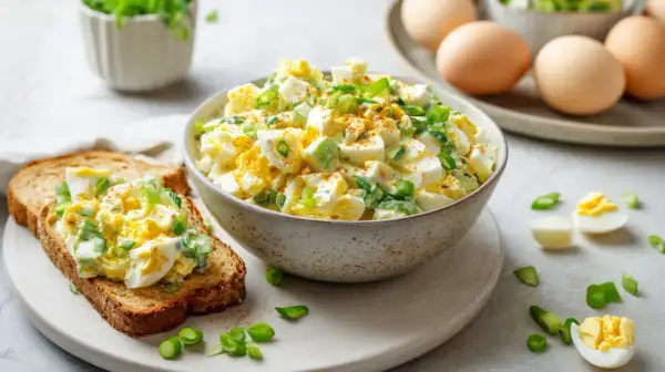 Cremiger Eiersalat mit Joghurt, garniert mit Frühlingszwiebeln, auf einer Scheibe Toastbrot. Daneben eine Schüssel mit dem Salat und gekochte Eier.