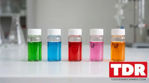 Cinco viales con líquidos de distintos colores: verde, azul, rojo, rosa y naranja. El color del anticongelante puede variar.