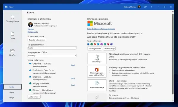Konto w Wordzie, gdzie można zarządzać usługami, w tym jak wyłączyć OneDrive.