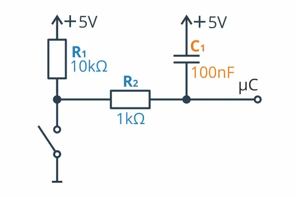 Schemat filtru RC: rezystor R1 (10kΩ), rezystor R2 (1kΩ), kondensator C1 (100nF) i przełącznik podłączone do +5V i masy.