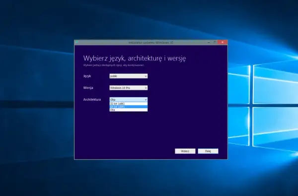 Instalator systemu Windows 10 pozwala wybrać język polski, wersję Pro i architekturę 64-bit.