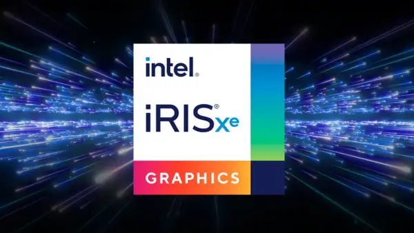 Logo Intel Iris Xe Graphics na tle rozmytych, niebieskich linii światła.
