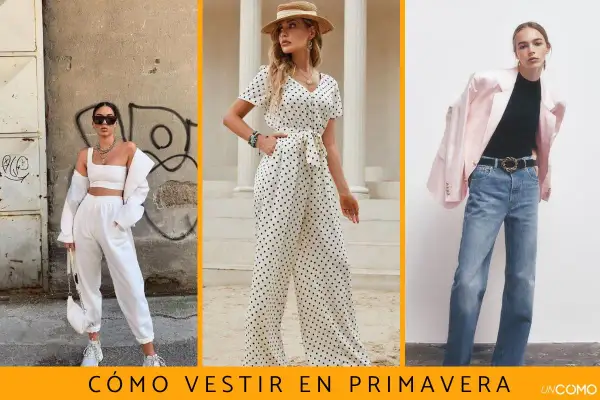Tres looks para outfits primavera: blanco total deportivo, mono de lunares y blazer rosa con jeans.