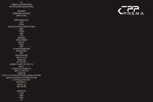 Fragment kodu programu CNC do obróbki skrawaniem. Widoczny jest fragment kodu G-code, zawierający komendy sterujące maszyną.