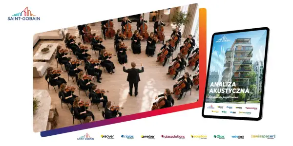 Orkiestra symfoniczna grająca w nowoczesnym wnętrzu, a obok tablet z analizą akustyczną budynków Saint-Gobain.