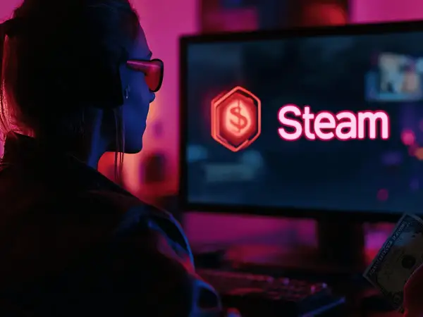 Gracz z dolarem w ręku przed ekranem Steam. Dowiedz się, jak odebrać oczekujące pieniądze na Steam.