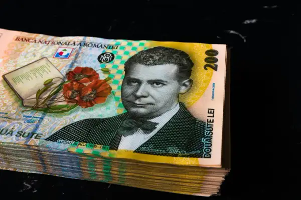 Stos banknotów 200 lei, rumuńska waluta, z wizerunkiem Luciana Blagi i makami.