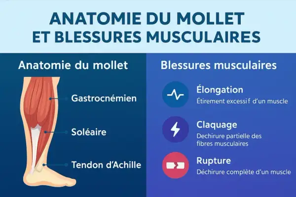 Anatomie du mollet et blessures musculaires, incluant le claquage, une déchirure musculaire du mollet.