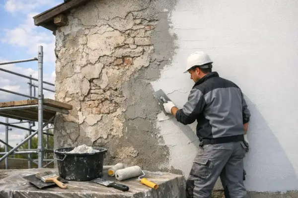 Un ouvrier rénove la façade d'une maison en appliquant de l'enduit. Des échafaudages sont visibles.