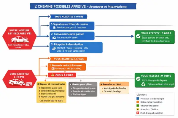 Schéma présentant les deux options après une déclaration VEI : accepter l'offre de l'assureur ou racheter l'épave. Un véhicule économiquement irréparable mais techniquement réparable peut être soit détruit, soit racheté pour pièces ou revendu.