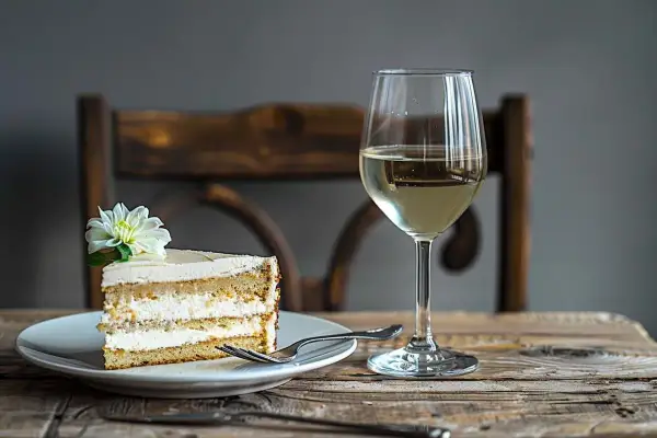 Elegancki deser z kwiatem i kieliszek białego wina. Idealne połączenie, jeśli zastanawiasz się, jakie wino do ciasta wybrać.