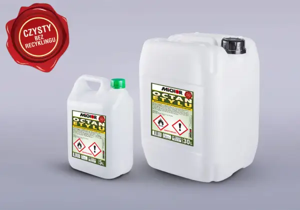 Dwa białe kanistry z etykietami "OCTAN ETYLU" (5L i 30L). Czerwona pieczęć "CZYSTY BEZ RECYKLINGU".