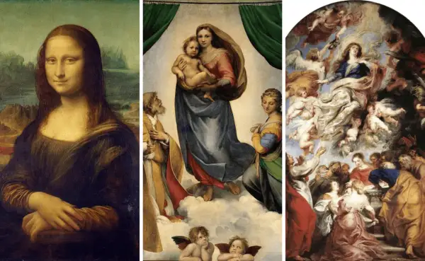 A triptych of famous art in the Renaissance era: Mona Lisa, Raphael's Sistine Madonna, and Rubens' Assumption of the Virgin Mary.