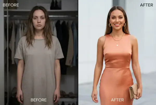 Przed i po: kobieta w beżowej sukience i kobieta w eleganckiej sukience w kolorze brzoskwiniowym.