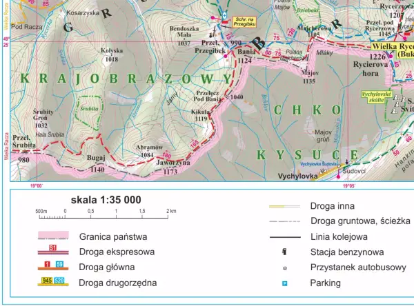 Mapa turystyczna Beskidu Żywieckiego z zaznaczonymi atrakcjami, szlakami i drogami.