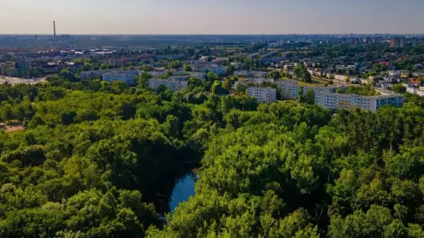 Zielone tereny rezerwatu przyrody Żurawiniec otaczają osiedle mieszkaniowe. Widać rzekę i drzewa.