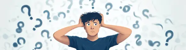 A confused person with hands on their head surrounded by question marks, pondering if boxing lowers IQ.